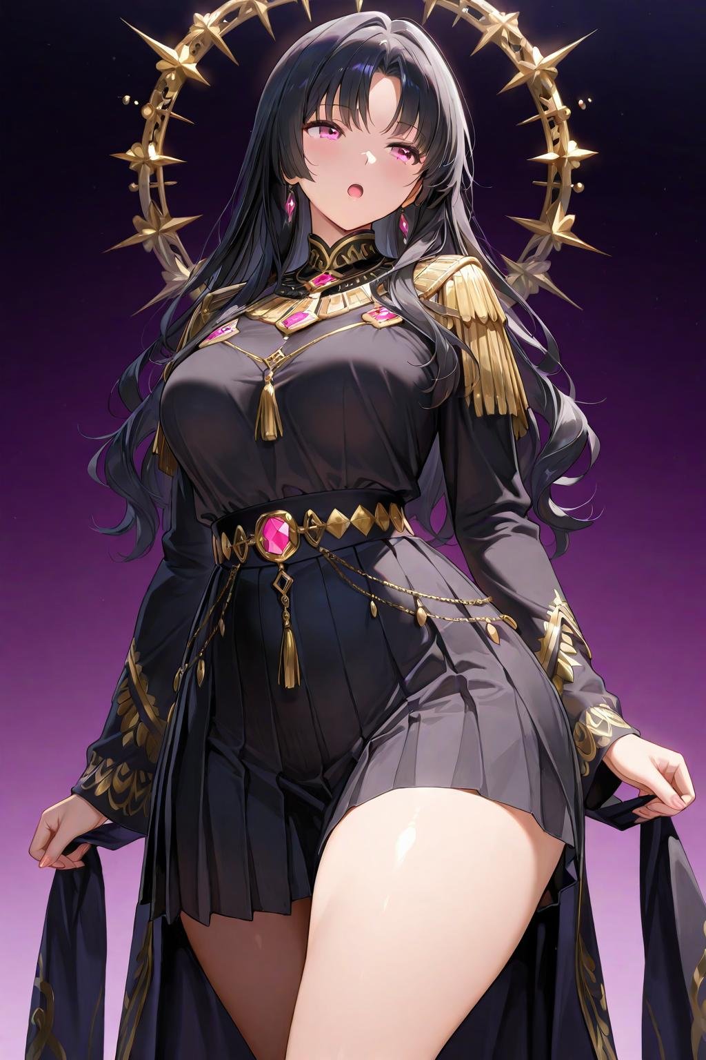 stunning anime queen in gothic black dress with gold accents, reminiscent of yoruichi and esdeath aesthetics