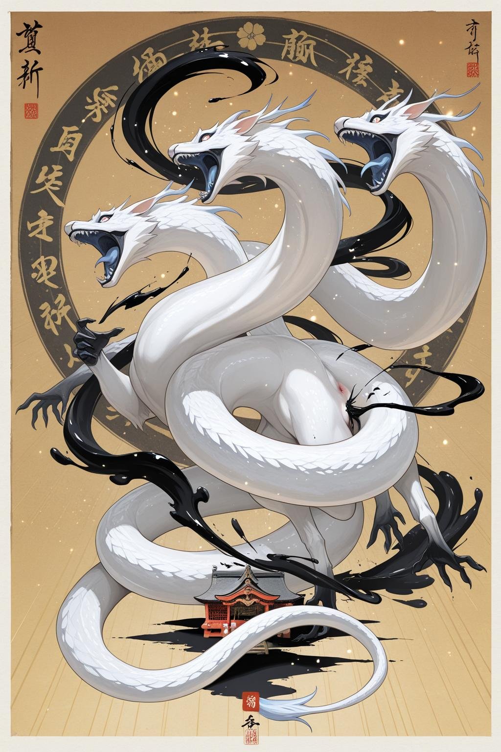 legendary anime white dragon with three heads in Japanese ink style, inspired by dragon ball z shenron and naruto summoning