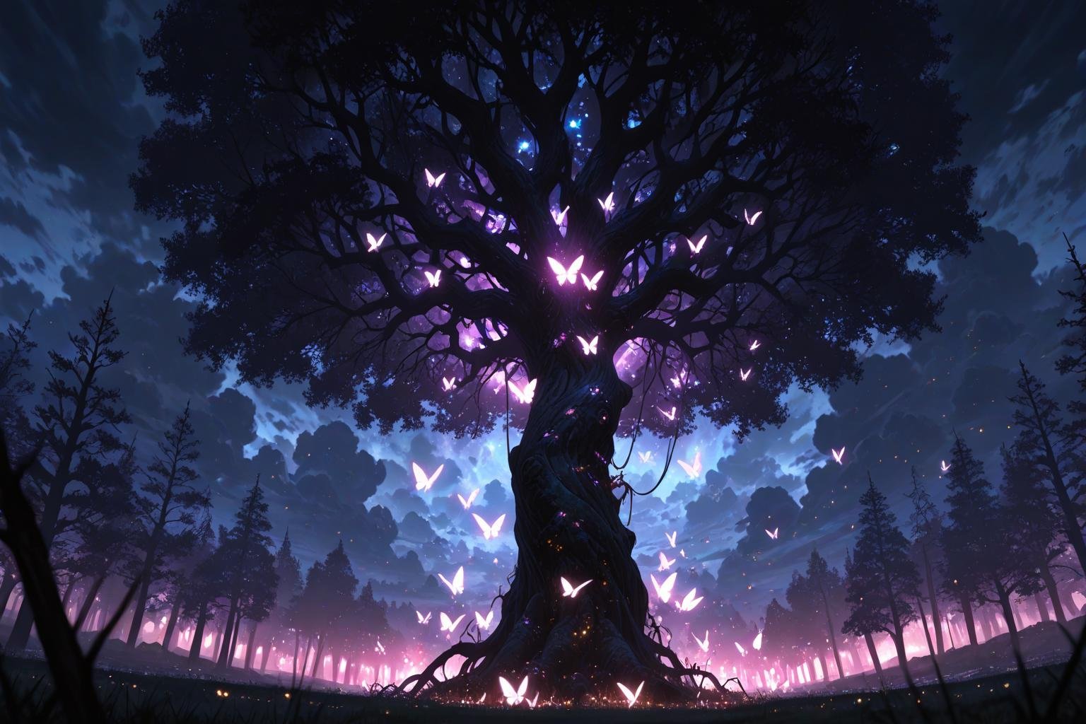 magical anime tree with glowing butterflies in mystic forest, inspired by mononoke hime, free, and violet evergarden