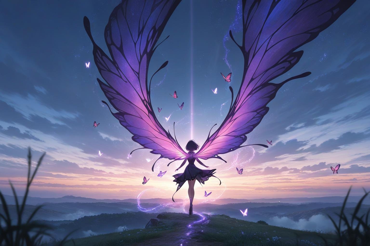 magical anime fairy with butterfly wings at sunrise, inspired by nezuko demon slayer and sailor moon transformation