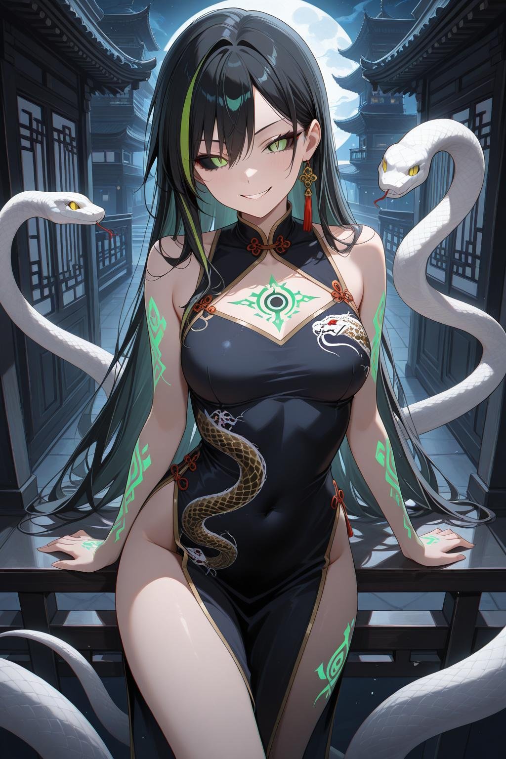 stunning anime girl in black cheongsam with glowing tattoos and white snake, reminiscent of orochimaru naruto, yoruichi bleach, and hinata hyuga