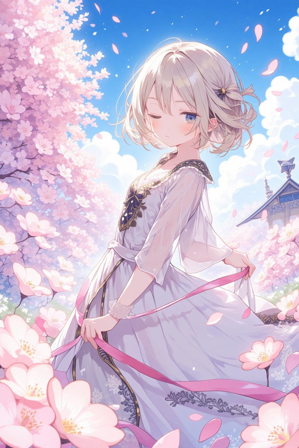 elegant anime girl in white dress under cherry blossoms, reminiscent of hinata, mitsuri, naruto spring scene