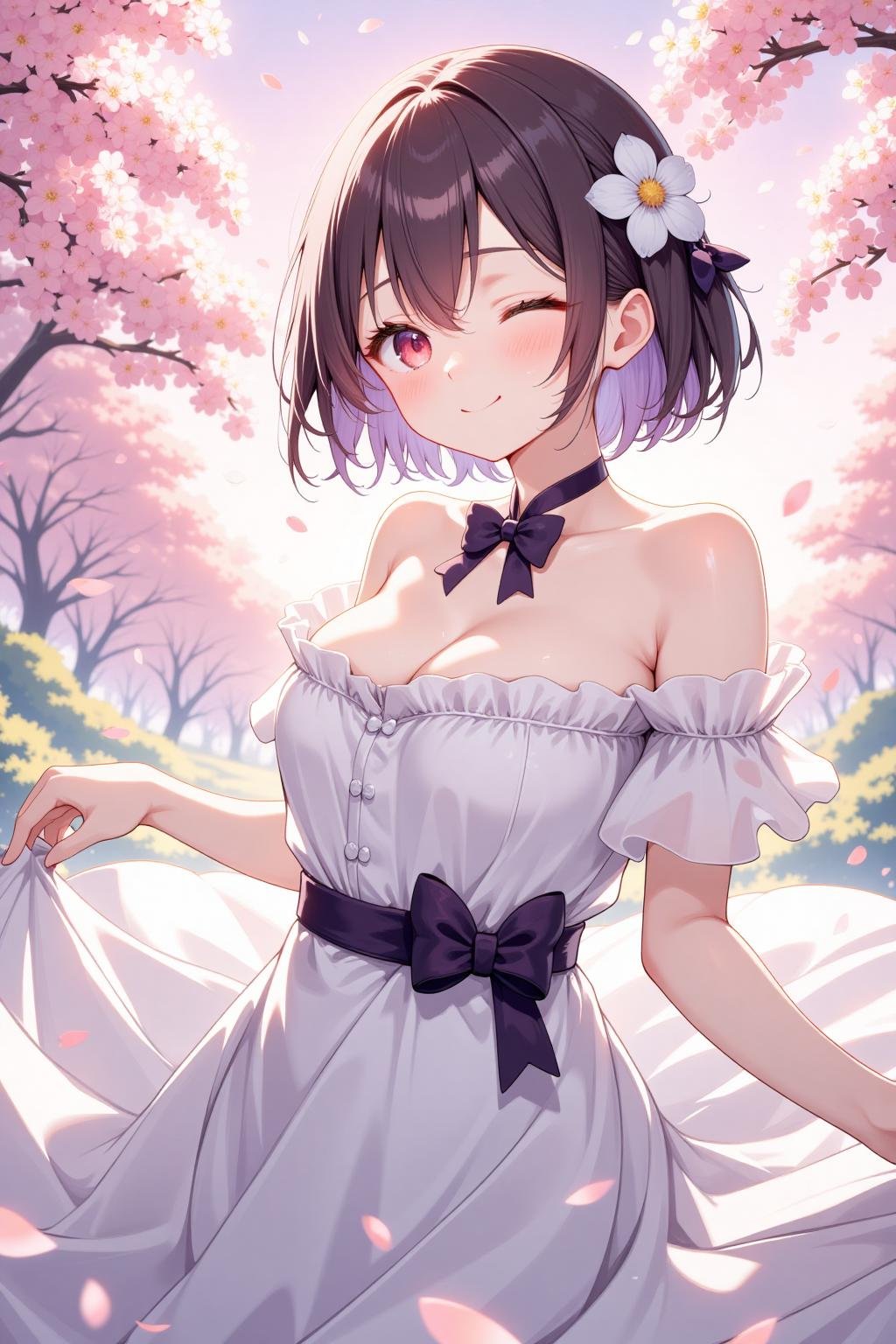 elegant anime girl in white dress with cherry blossoms, reminiscent of mitsuri demon slayer, violet evergarden, and rem re zero