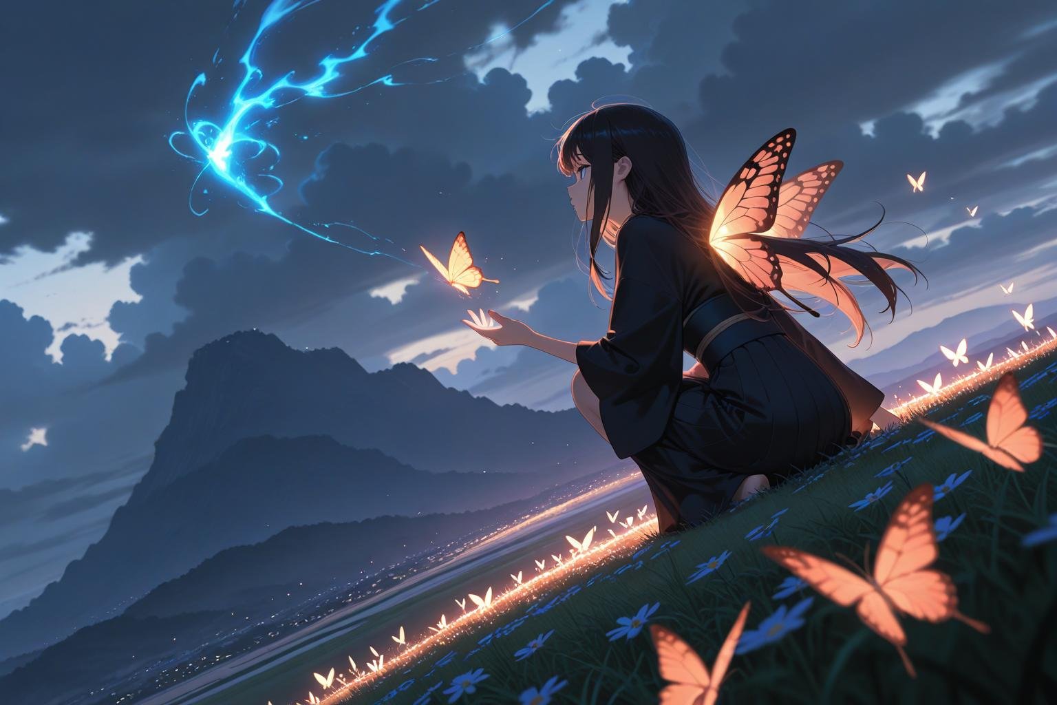 enchanting anime girl with butterfly wings casting magic in night landscape, evoking vibes of mikasa attack on titan, madoka magica, and gojo jujutsu kaisen