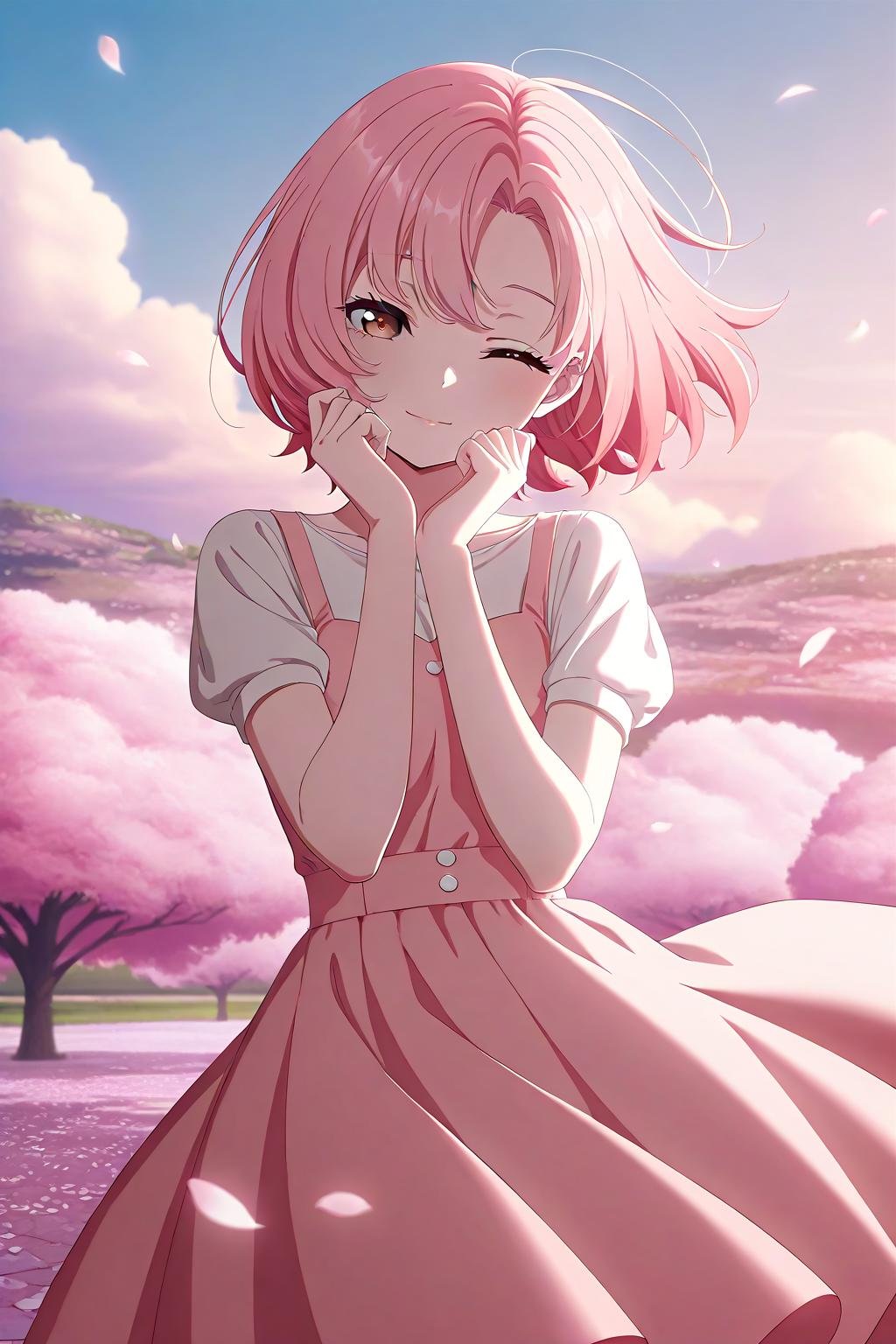 beautiful anime girl with pink hair in cherry blossom field, vibes of sakura, hinata, and mitsuri kimetsu no yaiba