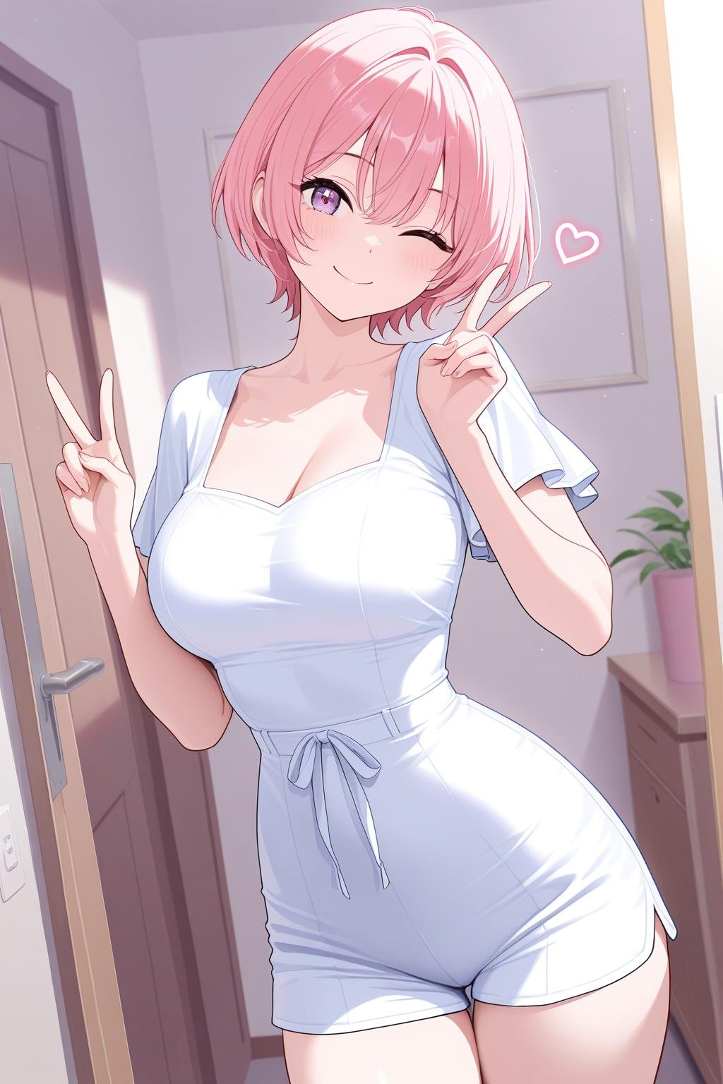 cute anime girl with pink hair in white dress, inspired by mitsuri, sakura, and hinata style