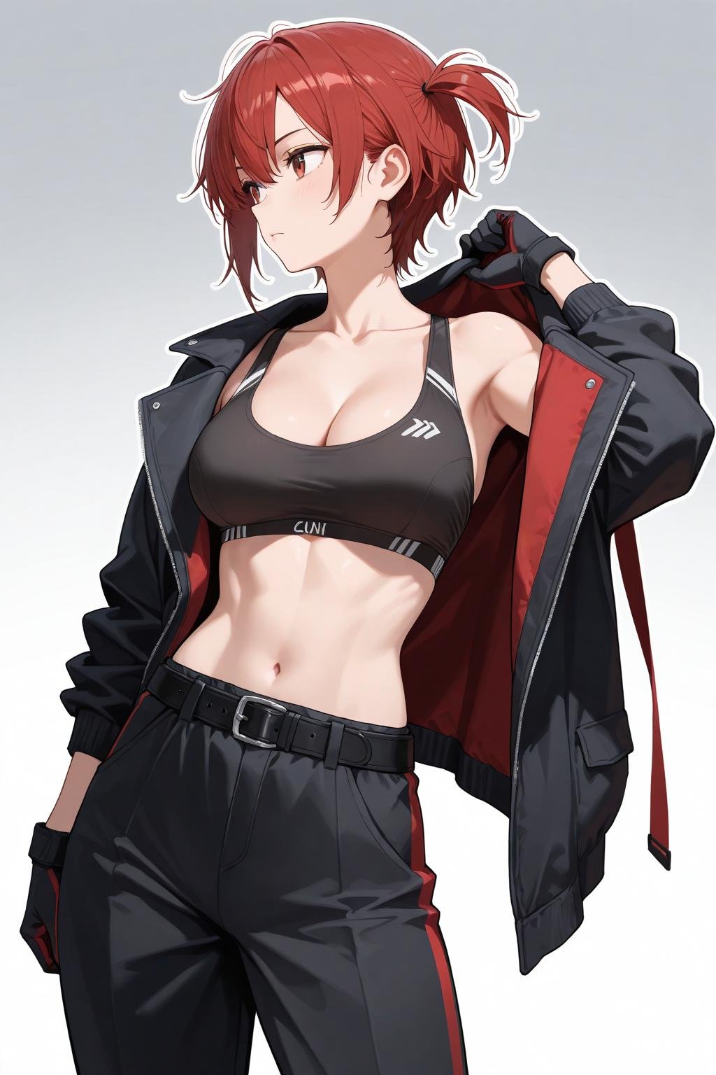 athletic anime girl with red hair in sporty outfit, vibes of mikasa, sakura, naruto training