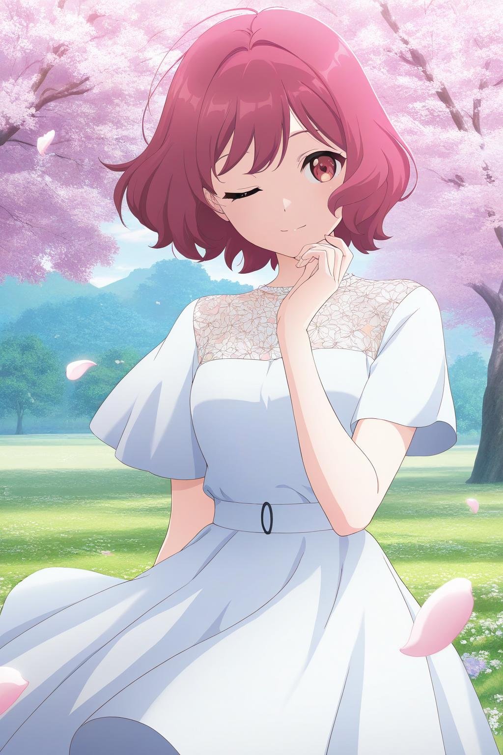 cute anime girl with short pink hair under cherry blossoms, reminiscent of sakura, mitsuri, and makima scenes