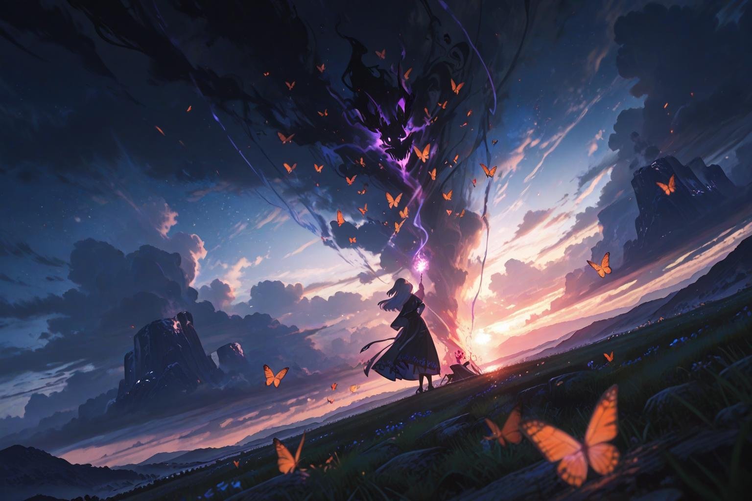 mystical anime sorceress summoning butterflies in fantasy landscape, inspired by sailor moon, eren attack on titan, and sakura cardcaptor