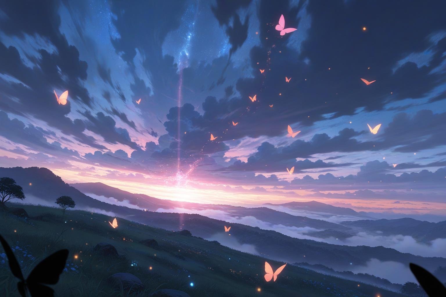 stunning anime landscape with glowing butterflies at sundown, reminiscent of your name, violet evergarden, and naruto scenery