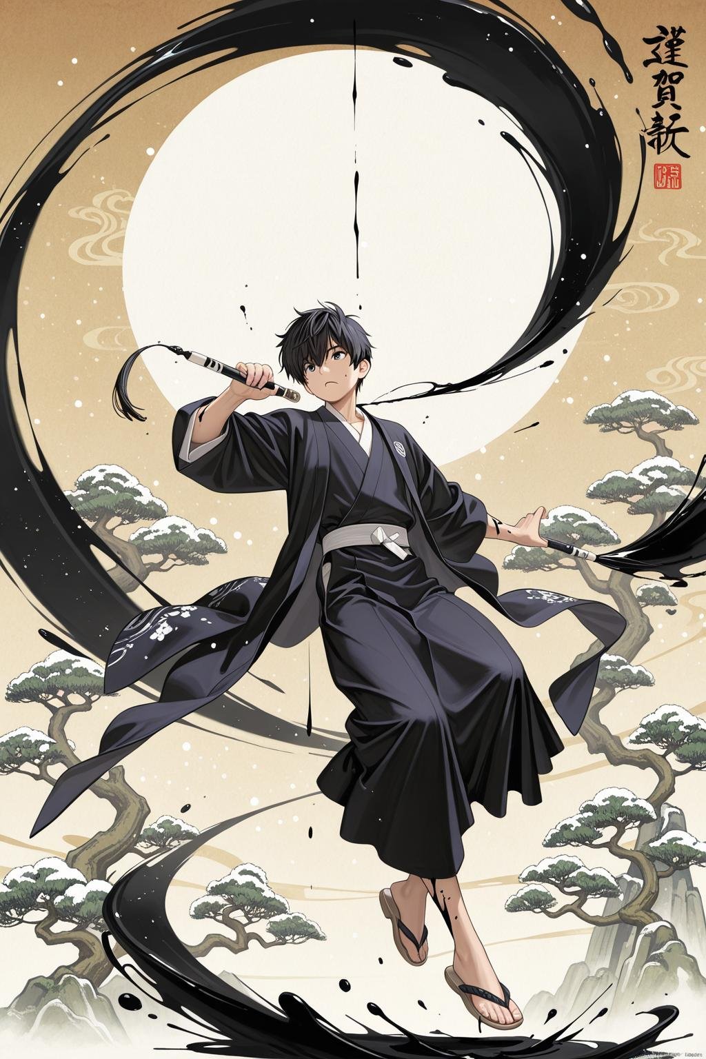 epic anime samurai in traditional kimono with sword and ink art under moon, referencing sasuke naruto, ichigo bleach, and gojo jujutsu kaisen