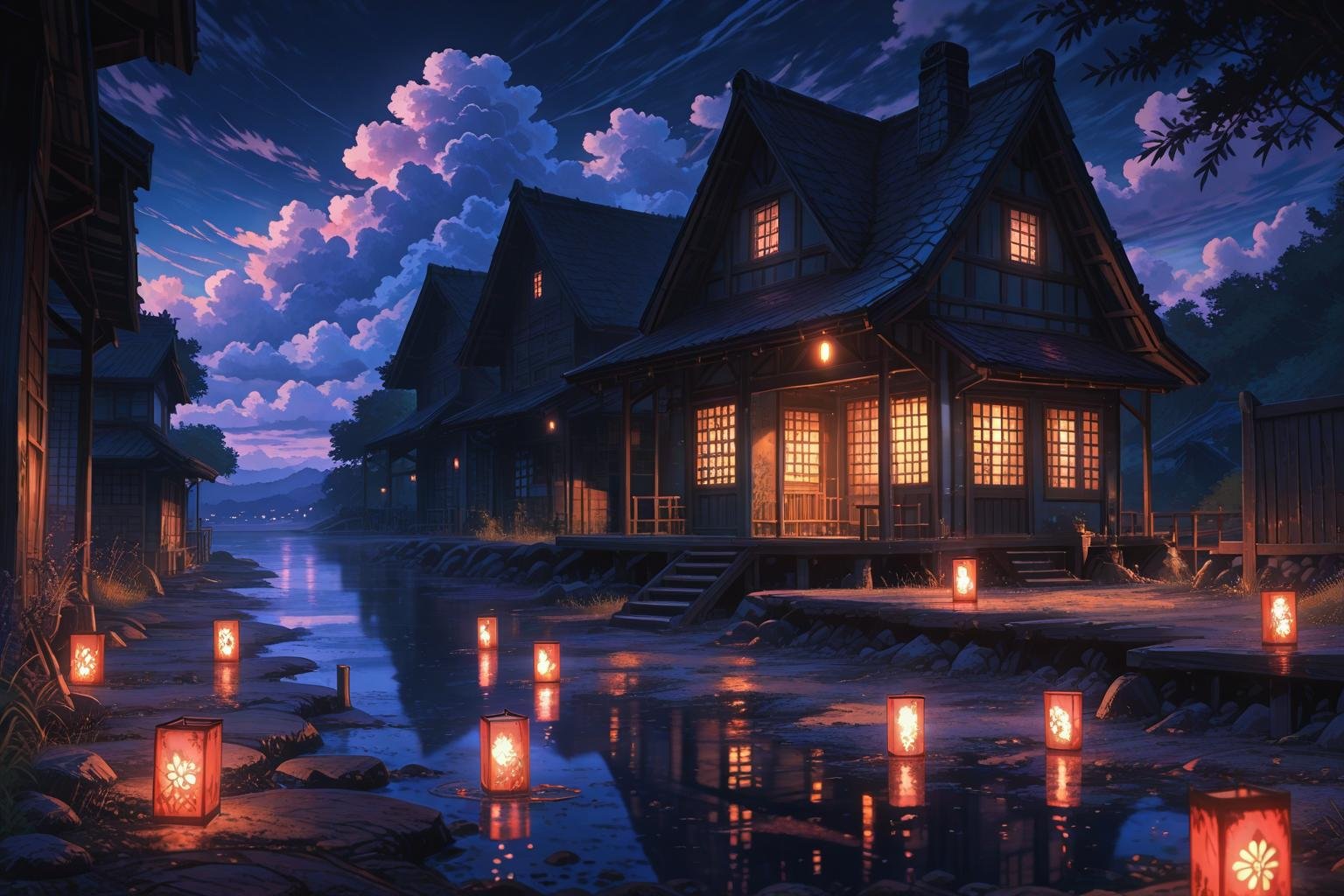 Spirited Away magical riverside house in Japanese countryside under twilight anime wallpaper