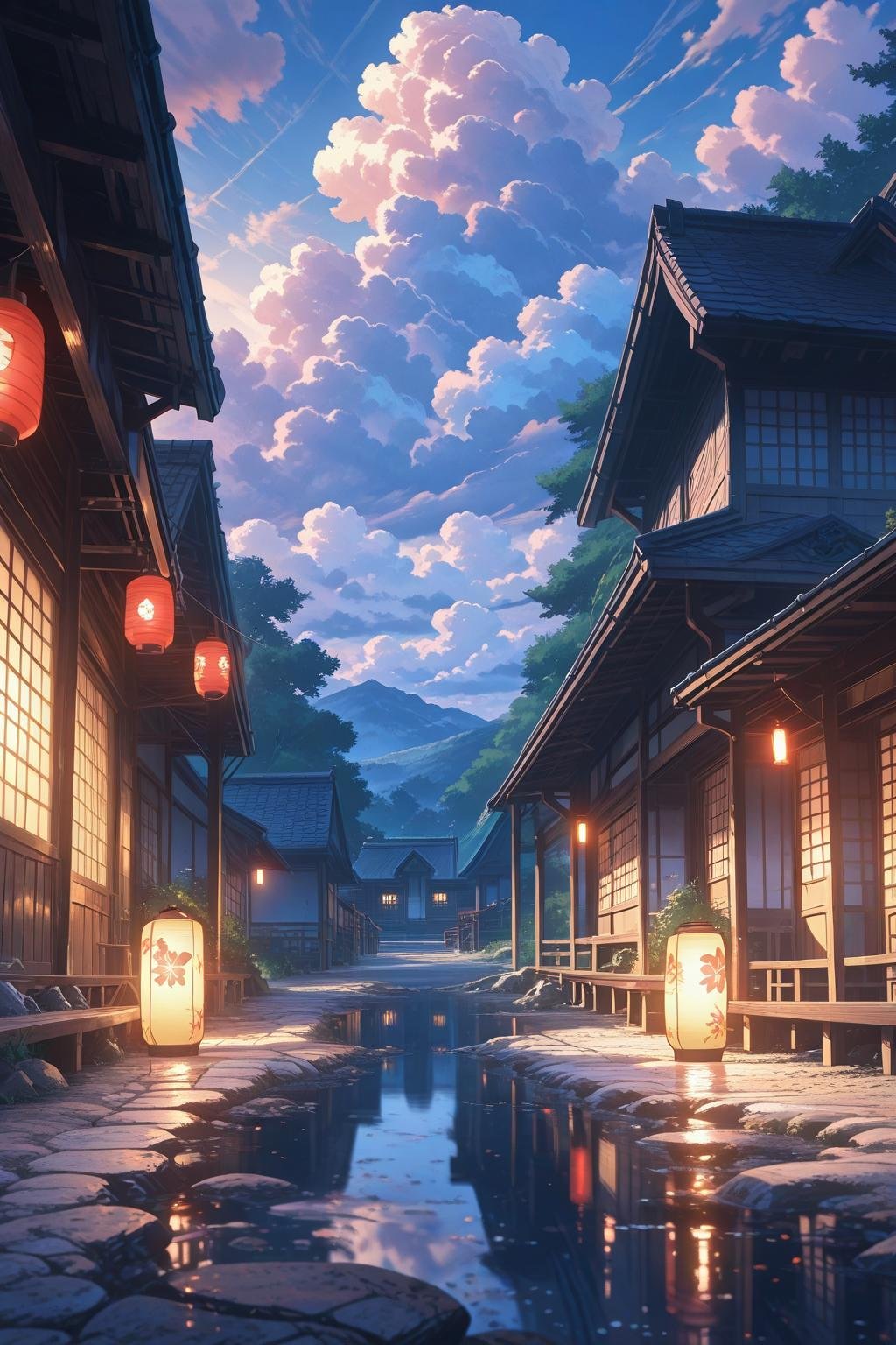 Your Name beautiful traditional Japanese street with lanterns and scenic clouds anime wallpaper