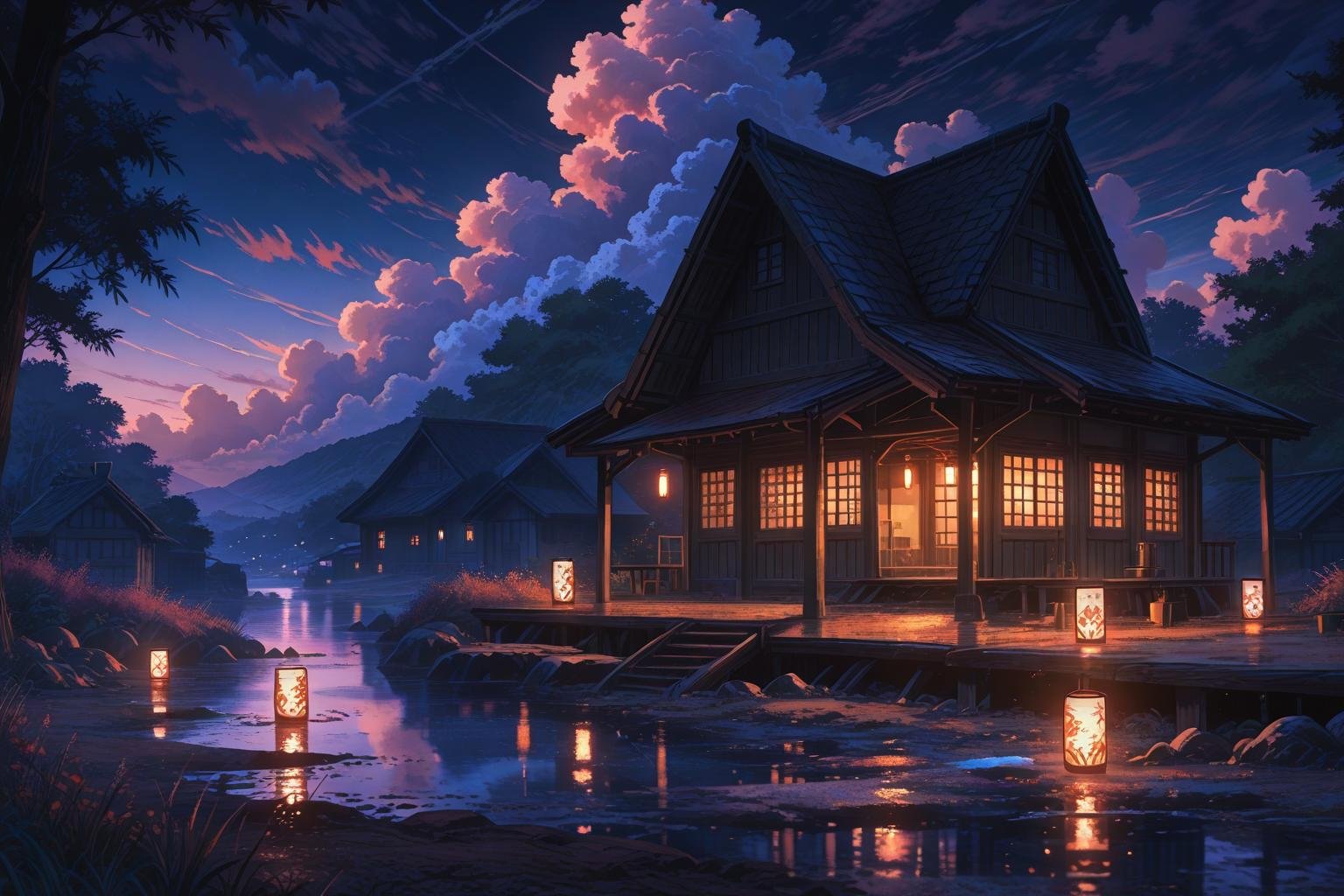 Demon Slayer Tanjiro peaceful village with glowing lanterns at sunset anime wallpaper